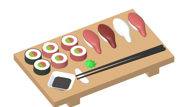 Cartoon Sushi Japanese Food Set 3D Model