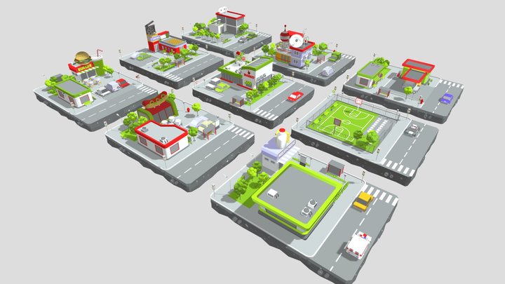Cartoon Low Poly City - 9 Blocks 3D Model