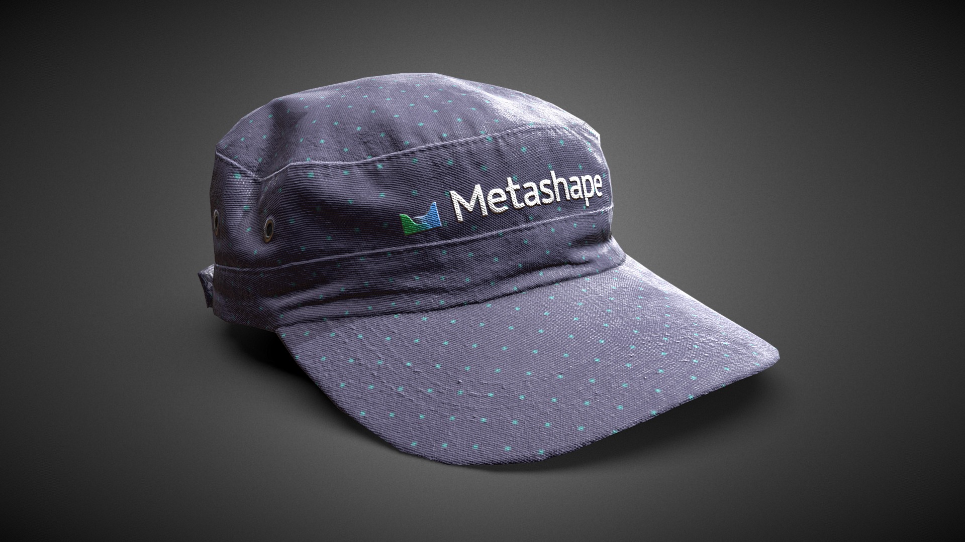 3D model Metashape cap – Purple #AgisoftClothesChallenge - This is a 3D model of the Metashape cap - Purple #AgisoftClothesChallenge. The 3D model is about a black hat with a white logo.