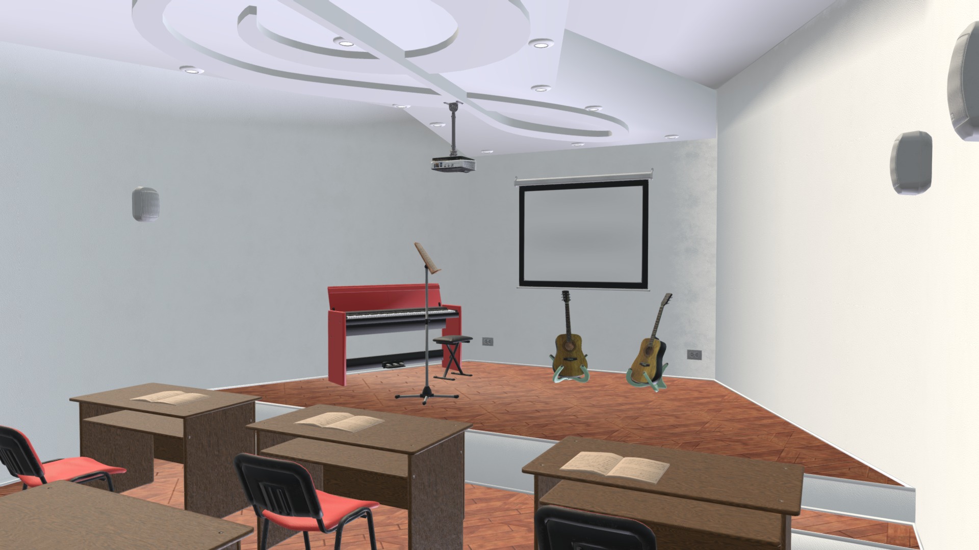 3D model Music Room – Environment And Props - This is a 3D model of the Music Room - Environment And Props. The 3D model is about a room with tables and chairs.