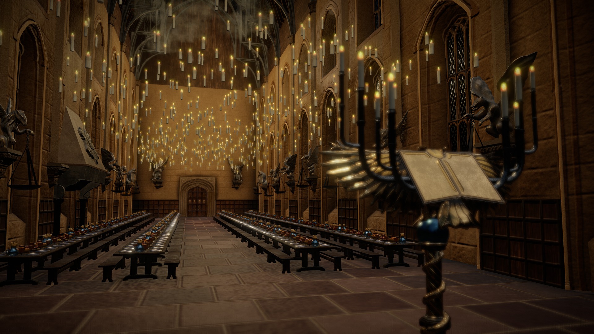 3D model Harry Potter – Hogwarts great hall (Animated) - This is a 3D model of the Harry Potter - Hogwarts great hall (Animated). The 3D model is about a large room with a chandelier and benches.