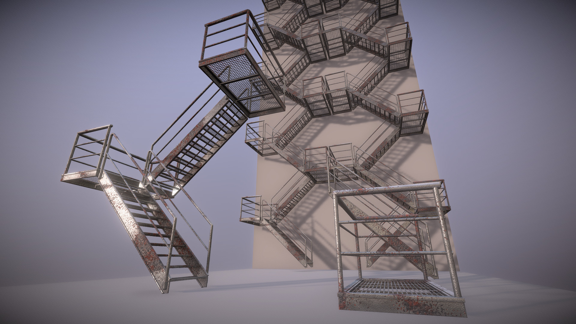 3D model Modular Industrial Staircase Rusty (Low-Poly) - This is a 3D model of the Modular Industrial Staircase Rusty (Low-Poly). The 3D model is about engineering drawing.