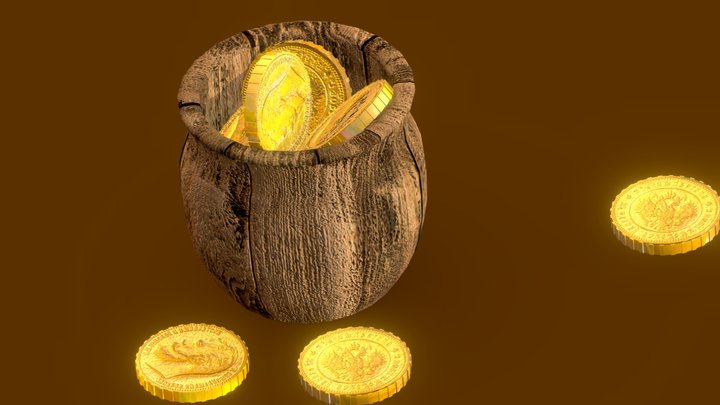 Wooden jug with old coins 3D Model