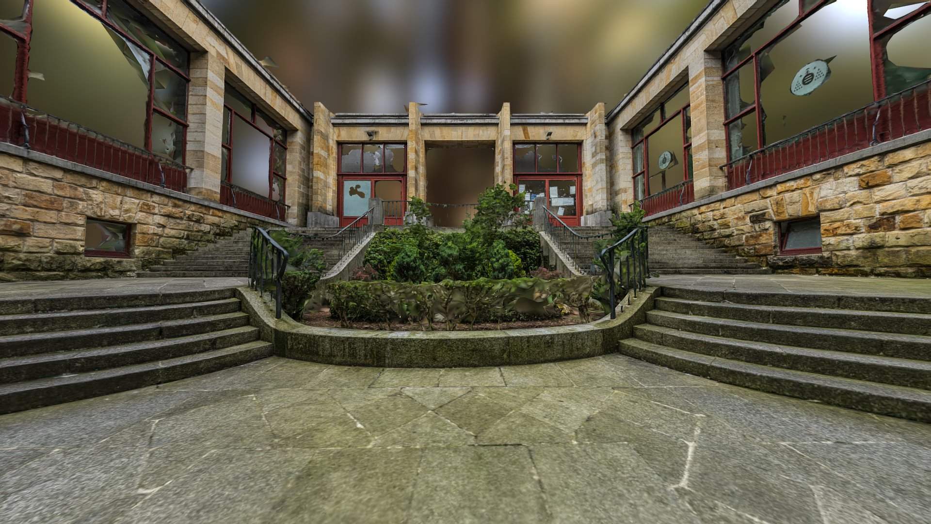 3D model Courtyard with stairs photogrammetry scan - This is a 3D model of the Courtyard with stairs photogrammetry scan. The 3D model is about a building with stairs and plants.