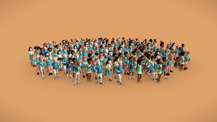 240 Posed Little Kids Low-Poly Style 3D Model
