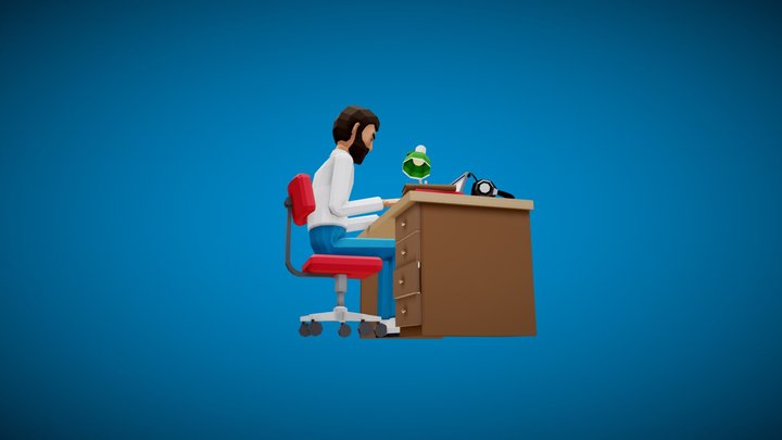 Low poly man working at a table with a laptop 3D Model