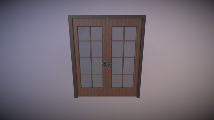Wooden double door with dirty glass 3D Model