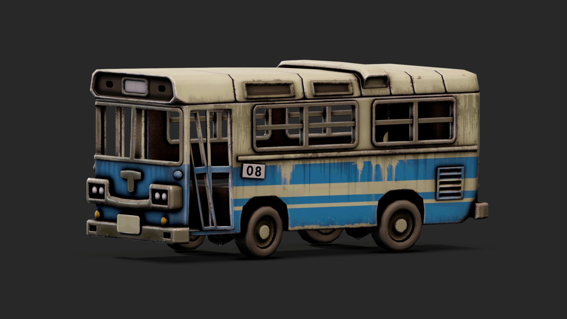 3D model Ruined Bus – Stylized - This is a 3D model of the Ruined Bus - Stylized. The 3D model is about a blue and white bus.