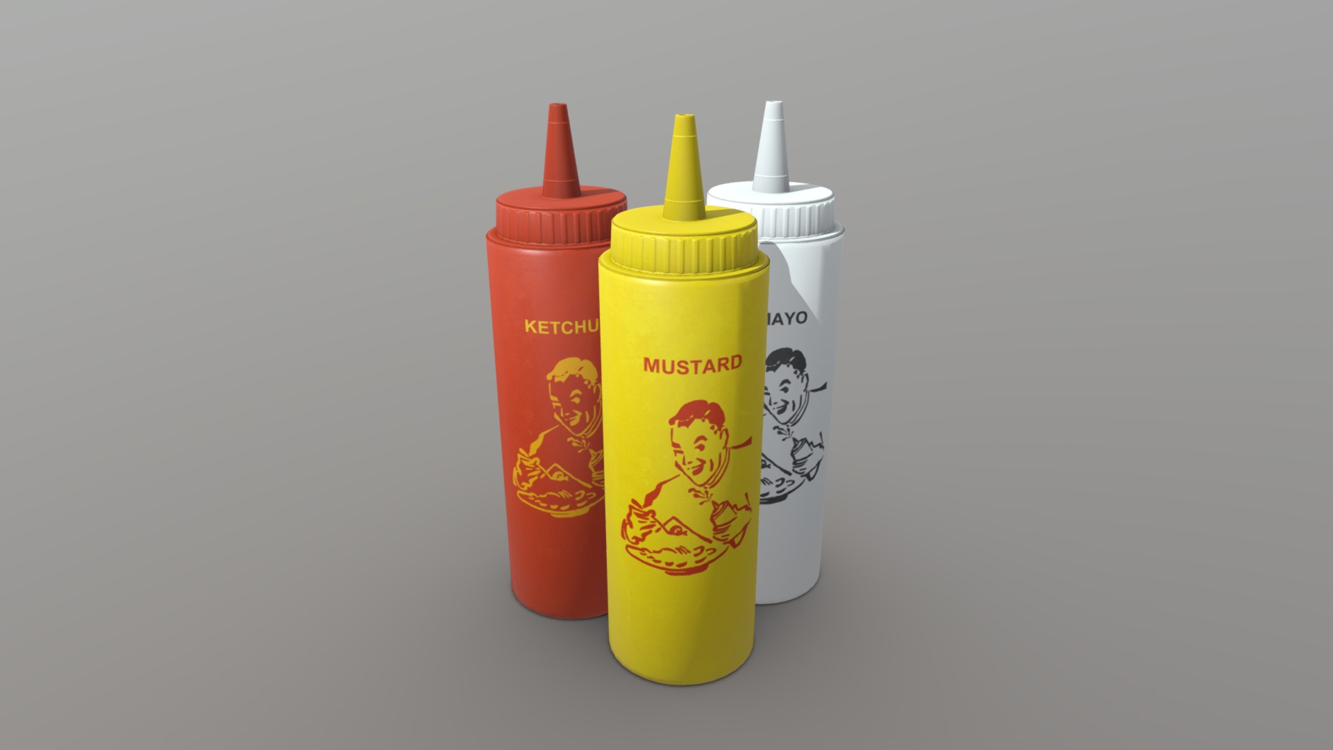 3D model Ketchup, Mustard and Mayo - This is a 3D model of the Ketchup, Mustard and Mayo. The 3D model is about a group of bottles.