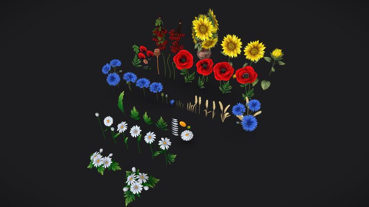 Pack Stylized handpainted wild flowers 3D Model