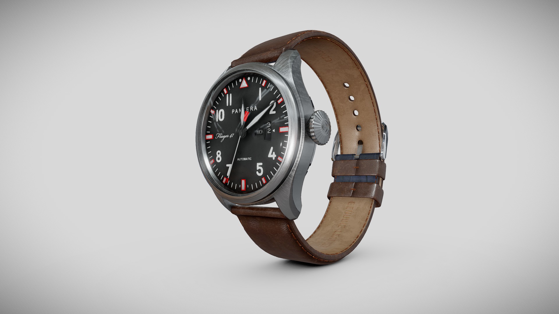 3D model Panzera Flieger 47 Watch - This is a 3D model of the Panzera Flieger 47 Watch. The 3D model is about a watch with a leather strap.