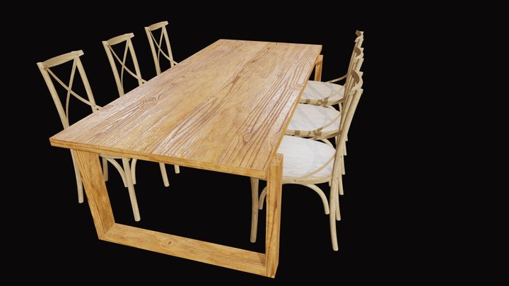 ODGER Table and 6 Teak Cross Back Dining Chair 3D Model
