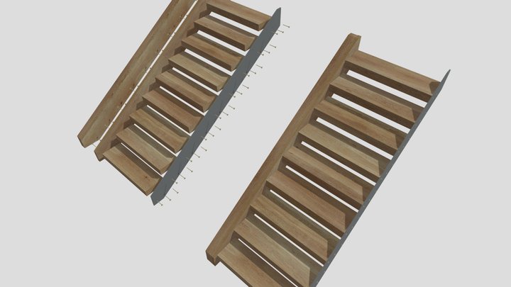 Wood and steel staircase, exploded view 3D Model