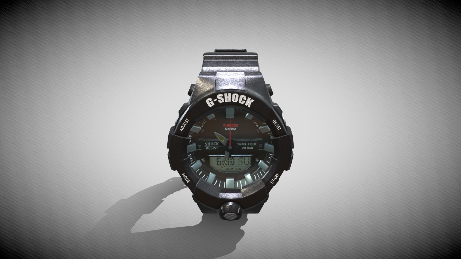 3D model Watch casio G- Shock - This is a 3D model of the Watch casio G- Shock. The 3D model is about a black watch on a white surface.