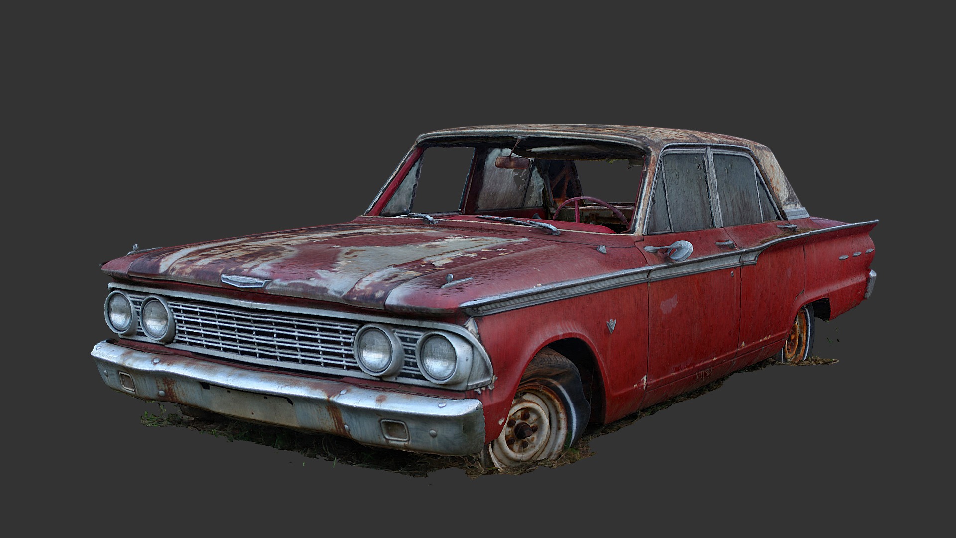 3D model Abandoned Sedan (Raw Scan) - This is a 3D model of the Abandoned Sedan (Raw Scan). The 3D model is about a red car with a person in the driver seat.