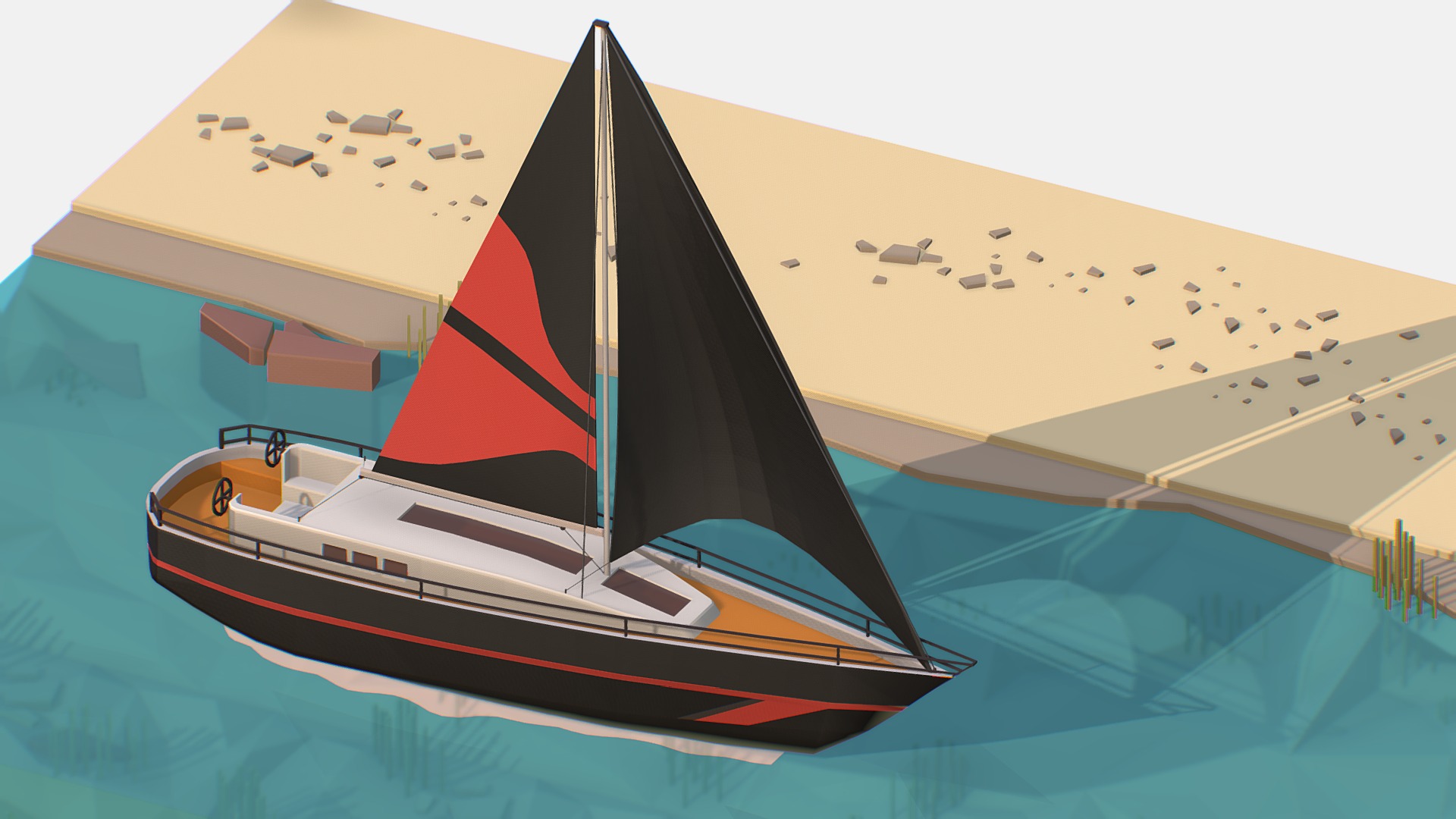 3D model Isometric Black Yacht Scene MotorBoat Black - This is a 3D model of the Isometric Black Yacht Scene MotorBoat Black. The 3D model is about a sailboat in a museum.