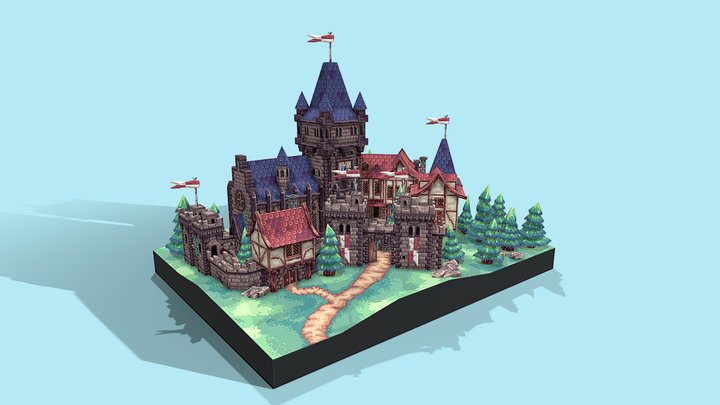 Low-Poly Pixelart Medieval Town 3D Model