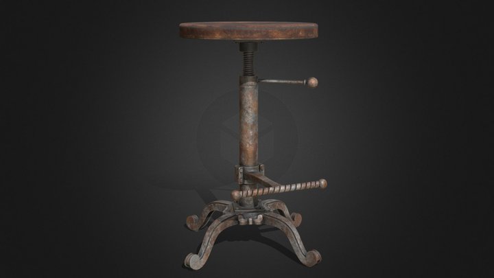Rustic Cast Iron Wooden Bar Stool 3D Model