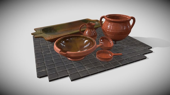 17th Century Clay Pot Set 3D Model