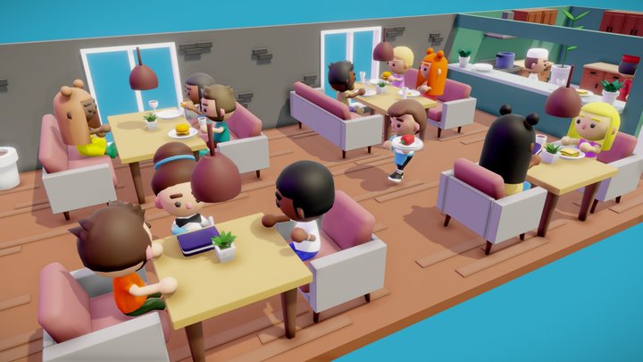 Low Poly characters in a restaurant 3D Model