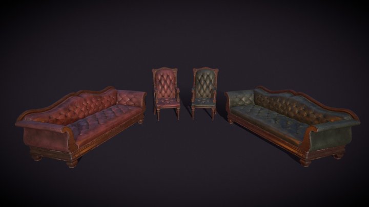 Victorian Leather Chair and Sofa Set 3D Model