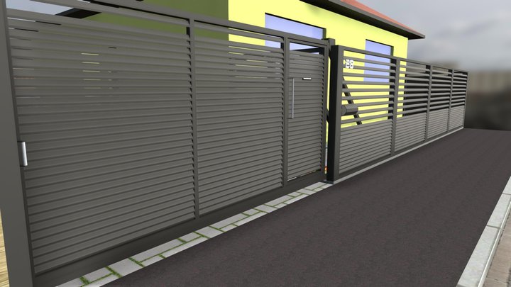 Louver Style Sliding Gate with matching fencing 3D Model