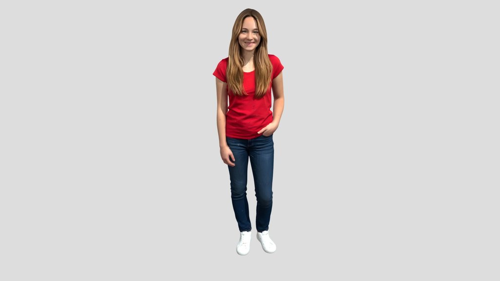 Young Woman In A Red T- Shirt And Jeans