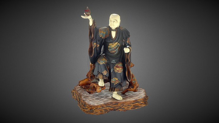 Meiji period, carved wood & ivory robed man 3D Model