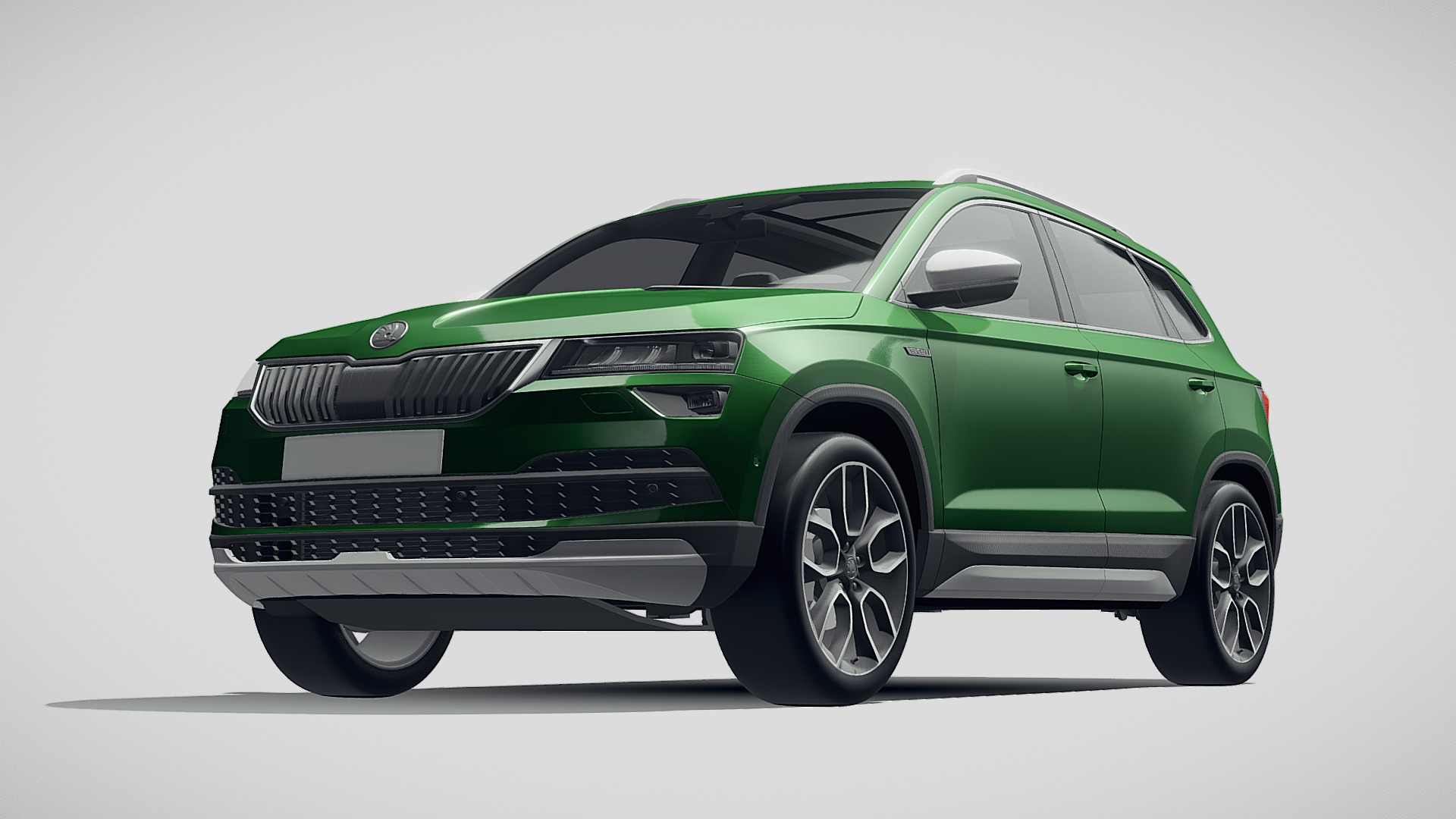 3D model Skoda Karoq Scout 2019 - This is a 3D model of the Skoda Karoq Scout 2019. The 3D model is about a green car with a white background.