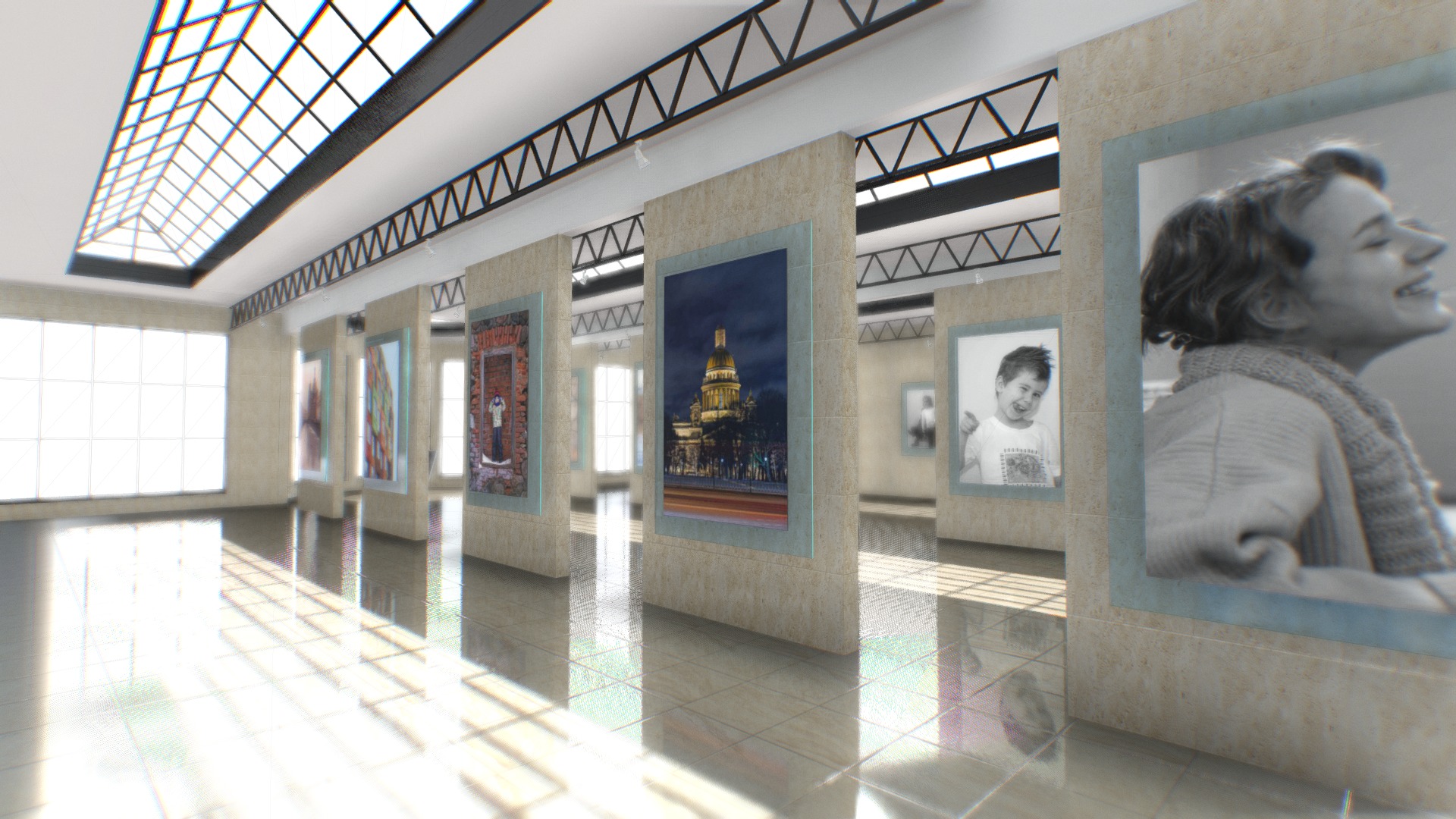 3D model VR Gallery 01 [ not baked ] - This is a 3D model of the VR Gallery 01 [ not baked ]. The 3D model is about a large room with art on the walls.