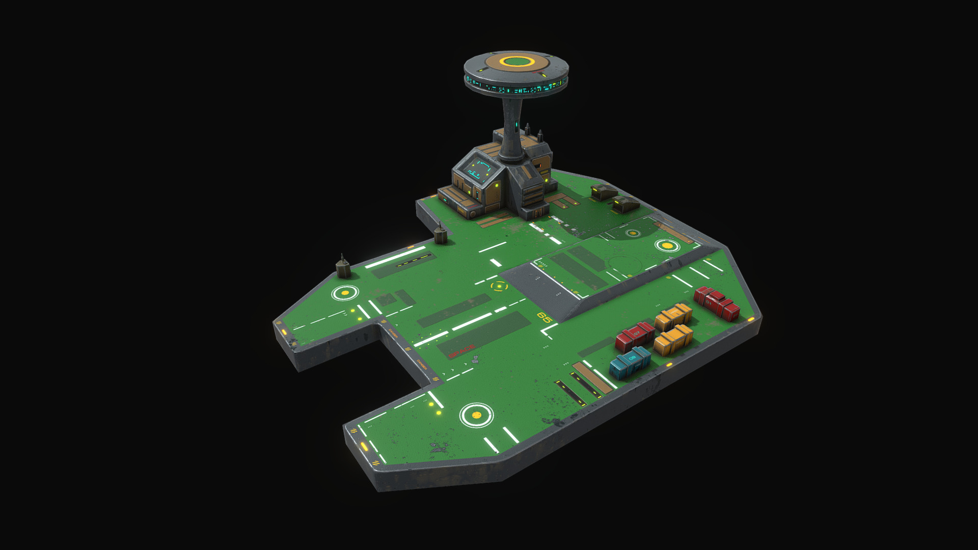 3D model Low poly sci fi airport environment asset - This is a 3D model of the Low poly sci fi airport environment asset. The 3D model is about a green and black electronic device.