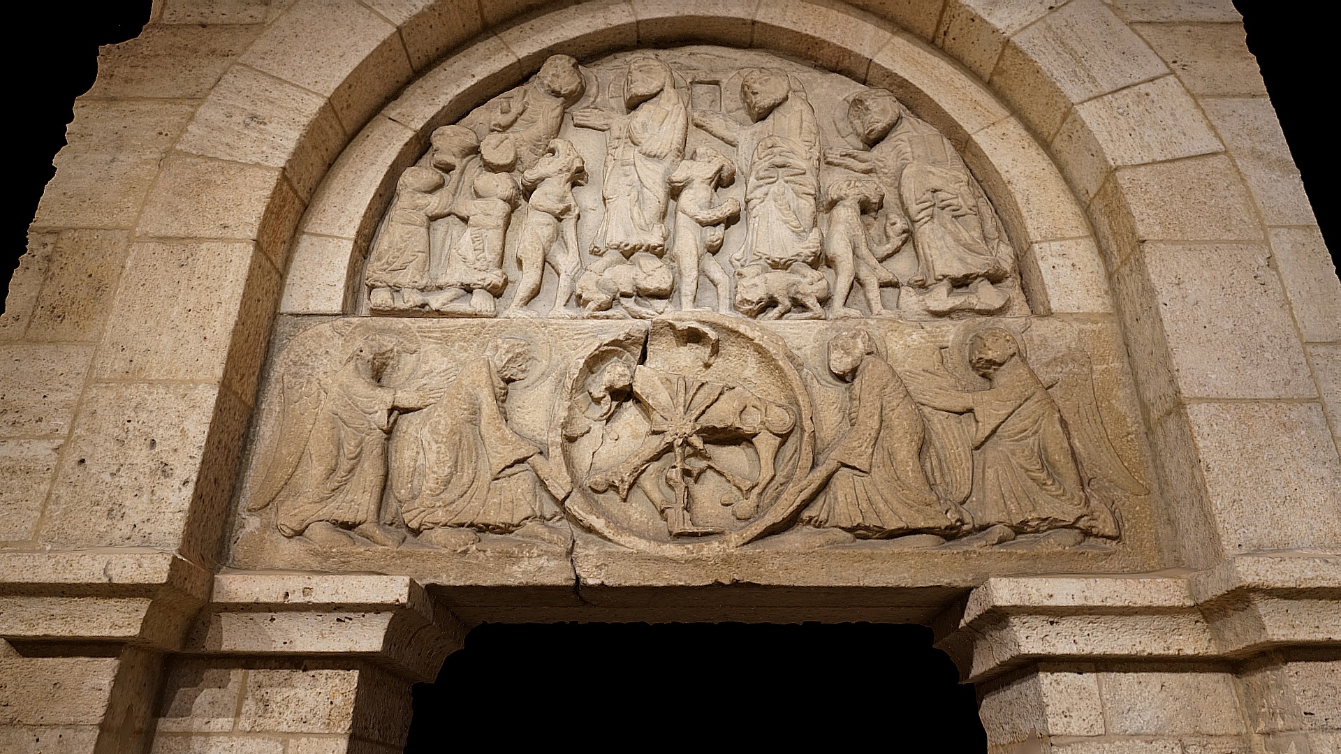 3D model Lintel and Tympanum – Master of Cabestany – MET - This is a 3D model of the Lintel and Tympanum - Master of Cabestany - MET. The 3D model is about a stone carving of a man and a woman.