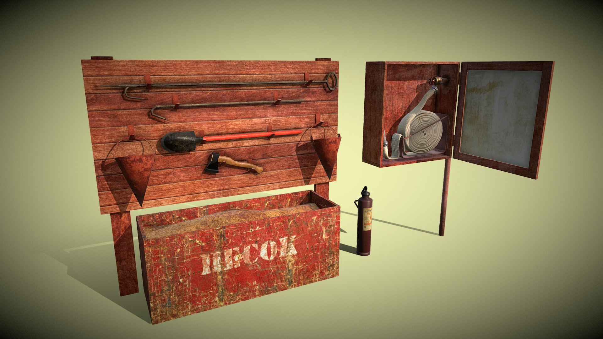 3D model Firefighting Equipment - This is a 3D model of the Firefighting Equipment. The 3D model is about a wood cabinet with a lamp and a mirror on the wall.