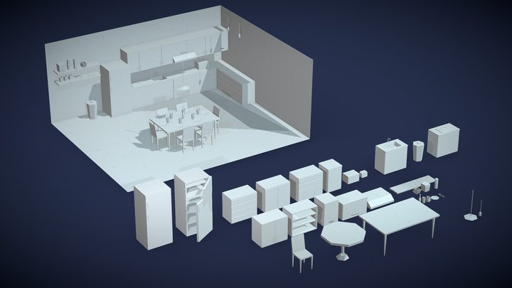 Lowpoly Kitchen set 3D Model