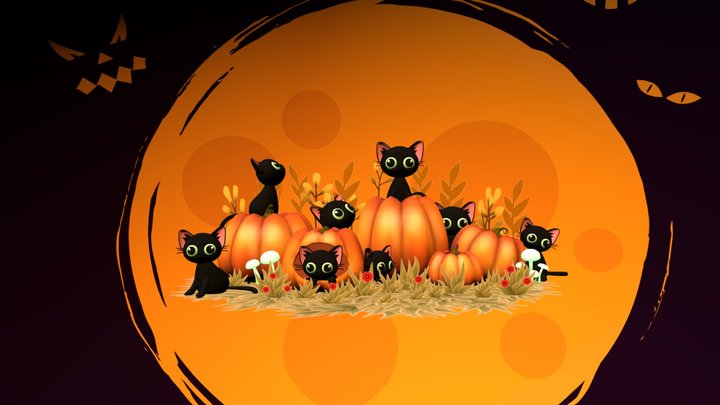 Halloween Cat and Pumpkin 3D Model