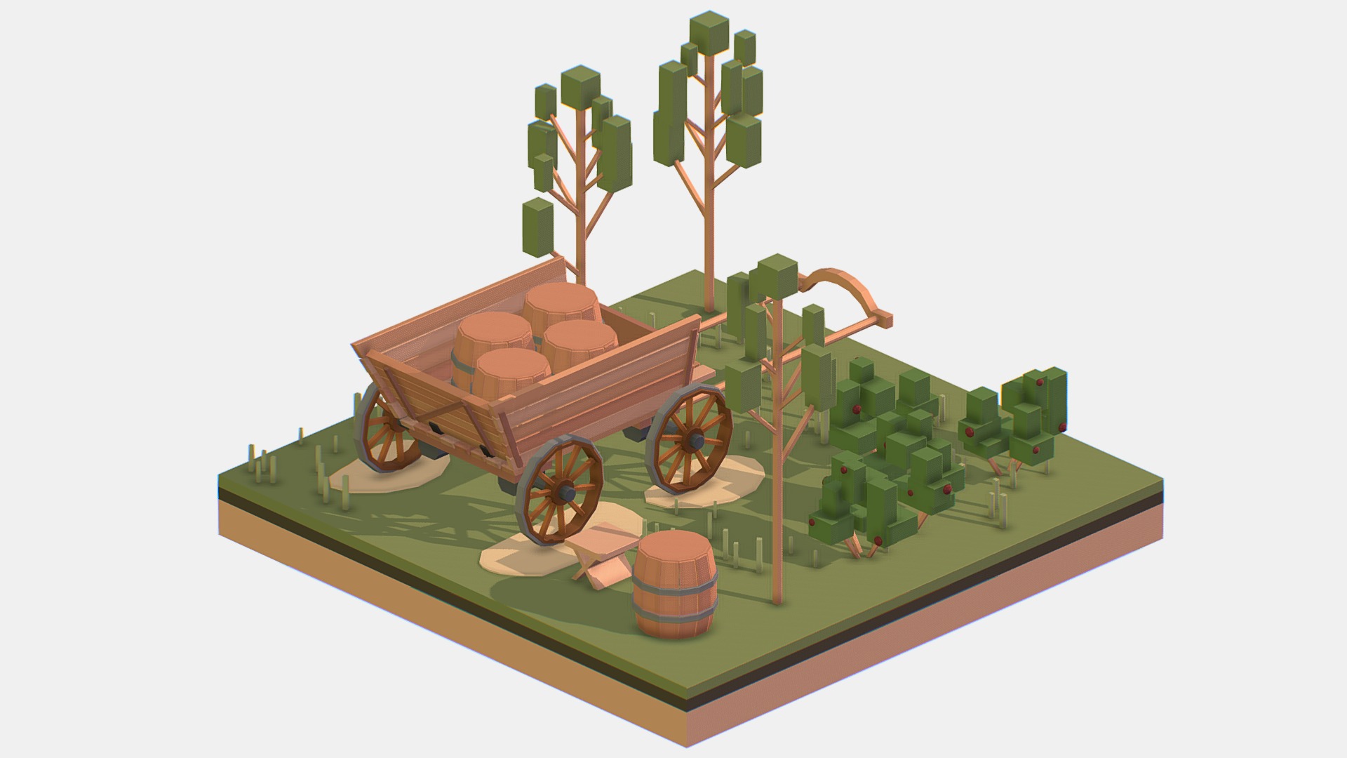 3D model Isometric Village Wood Cart Barrel - This is a 3D model of the Isometric Village Wood Cart Barrel. The 3D model is about diagram.