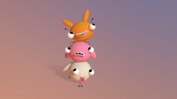 Three Cute Monster Balls 3D Model
