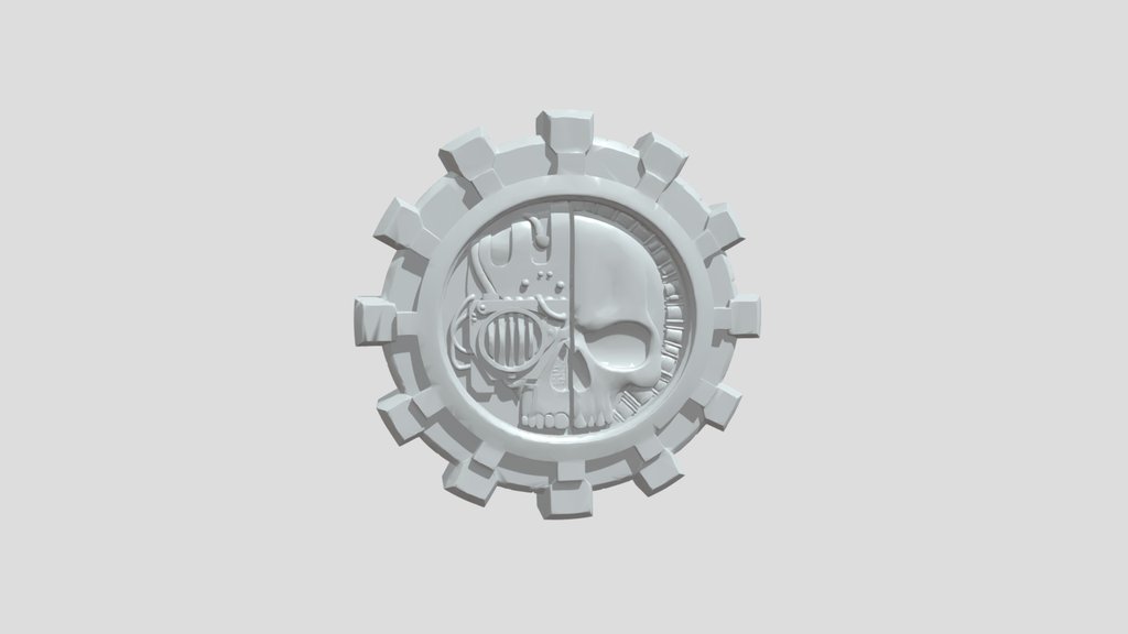 Half-cybernetic skull inside a split gear emble