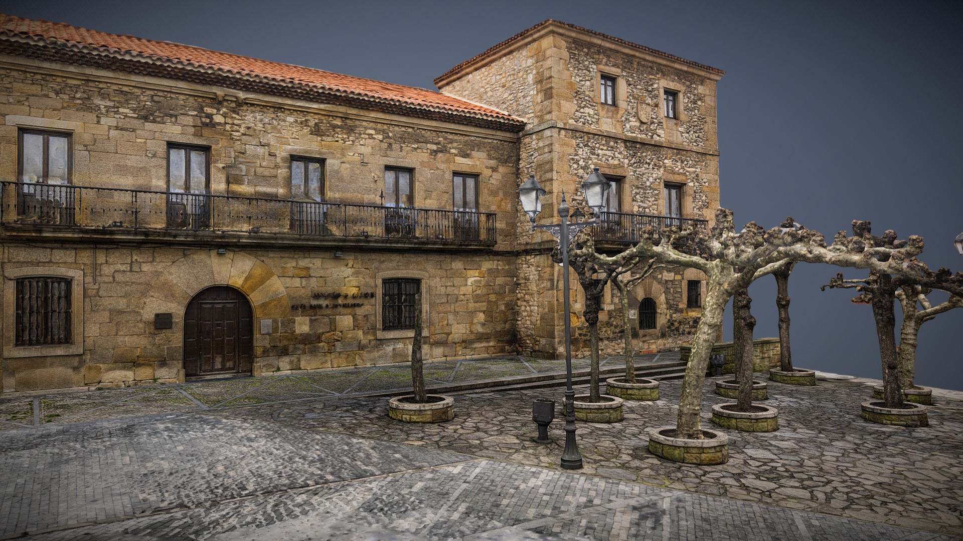 3D model Photogrammetry: Museo Casa Natal de Jovellanos - This is a 3D model of the Photogrammetry: Museo Casa Natal de Jovellanos. The 3D model is about a courtyard with trees and a building.