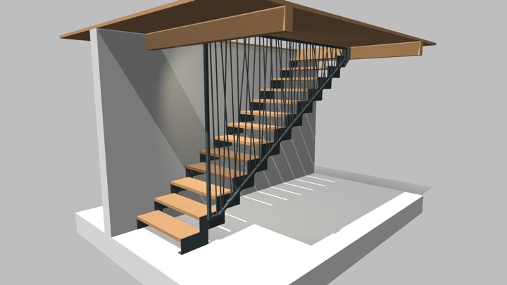 Metal staircase with wooden steps 3D Model