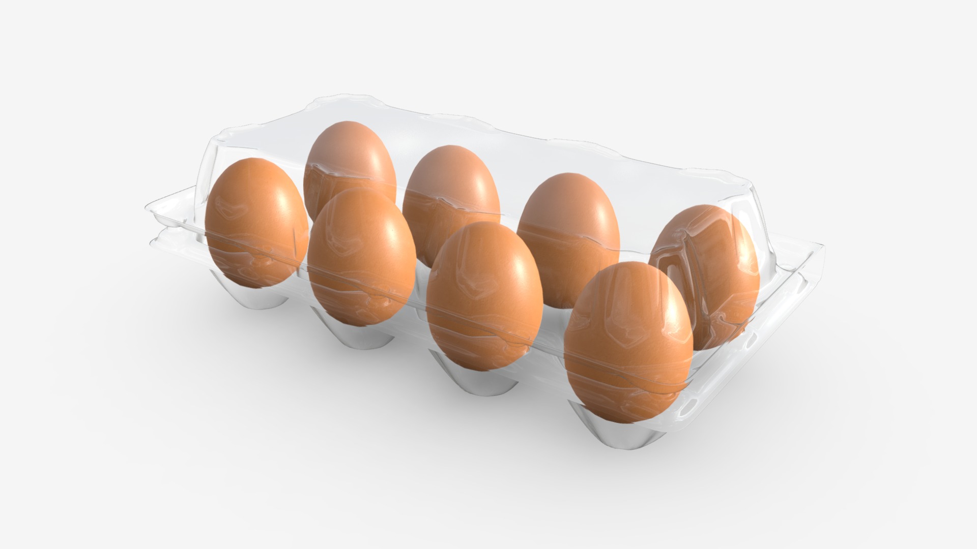 3D model Eggs in plastic package 8 eggs - This is a 3D model of the Eggs in plastic package 8 eggs. The 3D model is about a group of eggs.