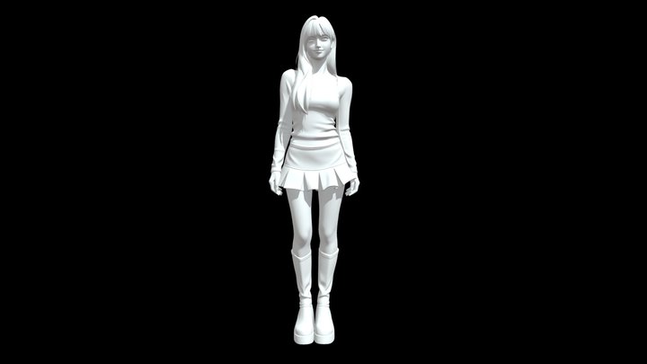 Blender卡通风格长发女生完整人物3D模型 百褶裙套装带长筒靴 3D Model