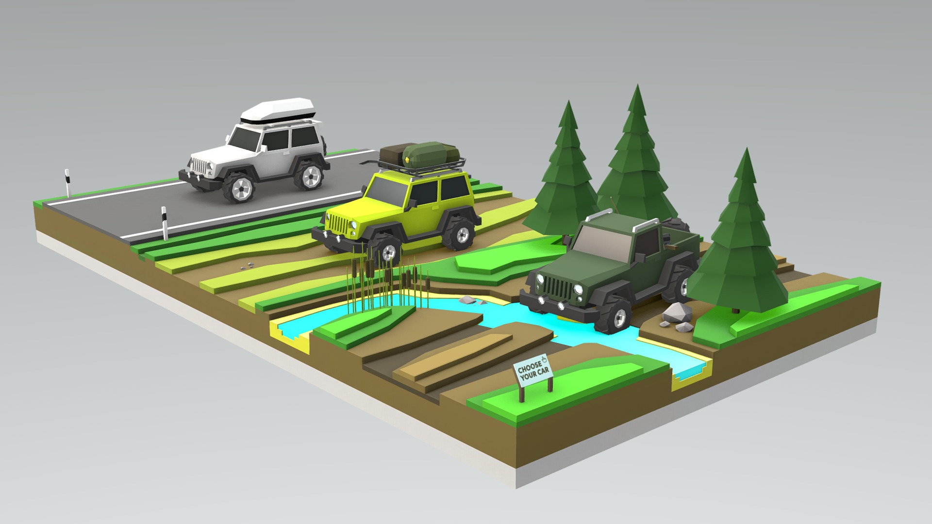 3D model Off-Road Cars - This is a 3D model of the Off-Road Cars. The 3D model is about a model of a green truck.