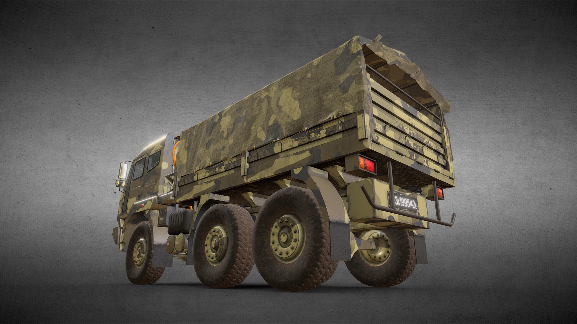 3D model 6×6 Military Truck Variation 1 +Rolled Tarpaulin - This is a 3D model of the 6x6 Military Truck Variation 1 +Rolled Tarpaulin. The 3D model is about a military vehicle on a grey surface.