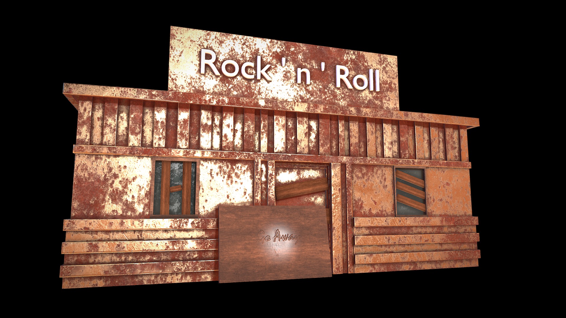 3D model Post-Apocalyptic Rock Bar - This is a 3D model of the Post-Apocalyptic Rock Bar. The 3D model is about a wood building with a sign on it.