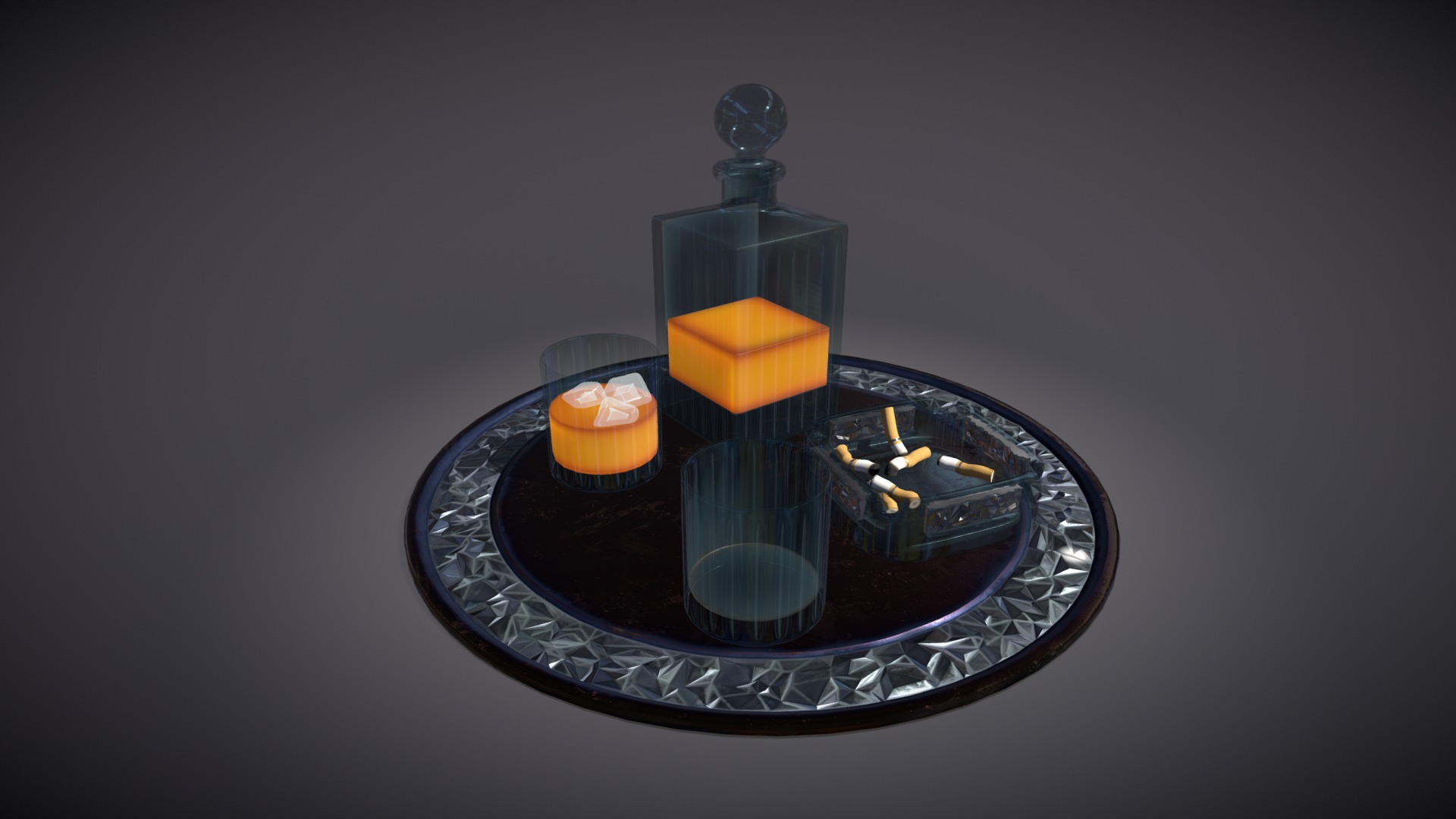 3D model SALE Scotch Serving Tray - This is a 3D model of the SALE Scotch Serving Tray. The 3D model is about a black and gold candle holder with a couple of lit candles.