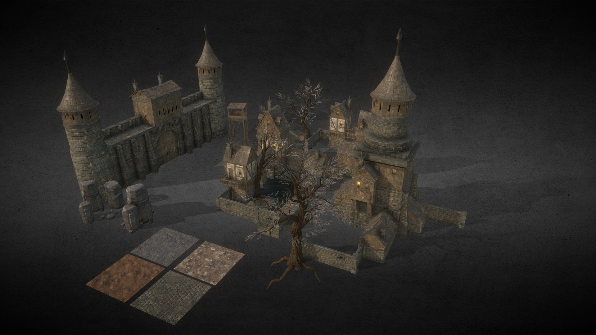 3D model medieval sceneray - This is a 3D model of the medieval sceneray. The 3D model is about a castle with a tree in front.