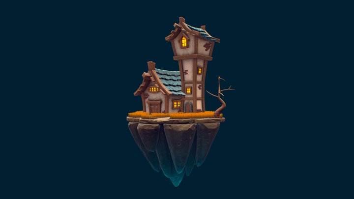 Stylized Medieval House and Tower Diorama 3D Model
