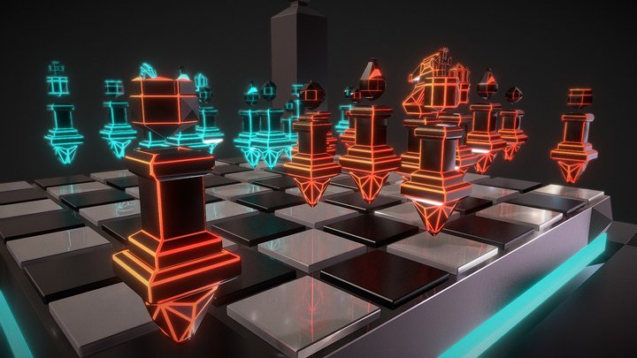 Cyberpunk chess board over cityscape