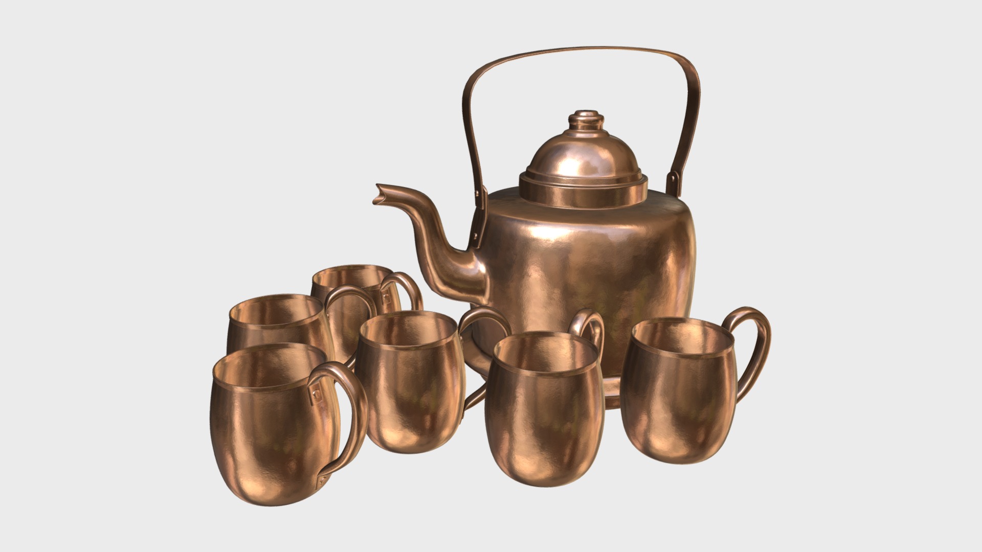 3D model Copper kettle and mugs - This is a 3D model of the Copper kettle and mugs. The 3D model is about a teapot and kettle.